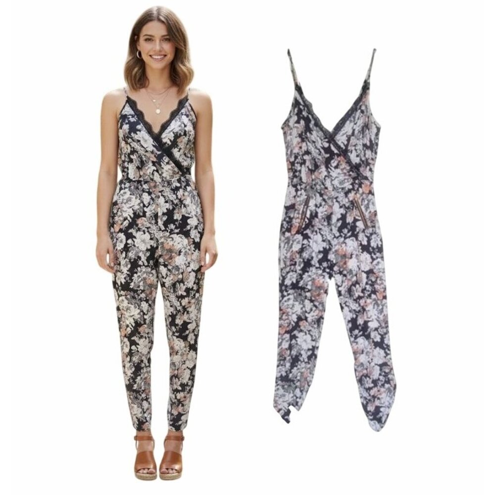 ⭐Material Girl Sz S Women's Jumpsuit Strappy Floral Black Lace V-Neck Skinny Zip